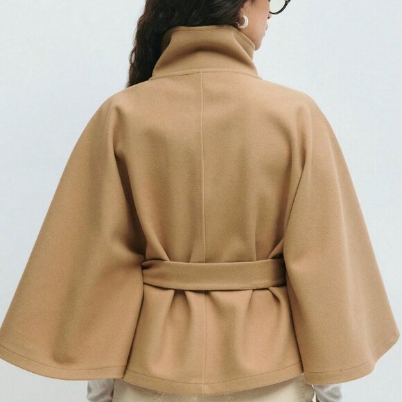 Khaki Elegant Women's Cloak Collar Button Coat With Belt - Picture 3 of 3
